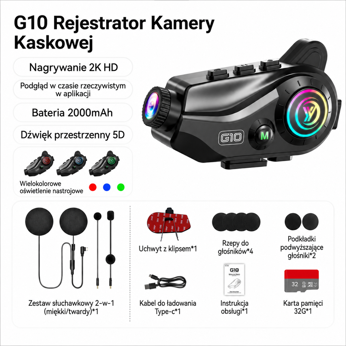 Kask motocyklowy Słuchawki Bluetooth Rejestrator jazdy Kamera 2K Słuchanie muzyki Nawigacja Jeździec Bardzo długa żywotność baterii
